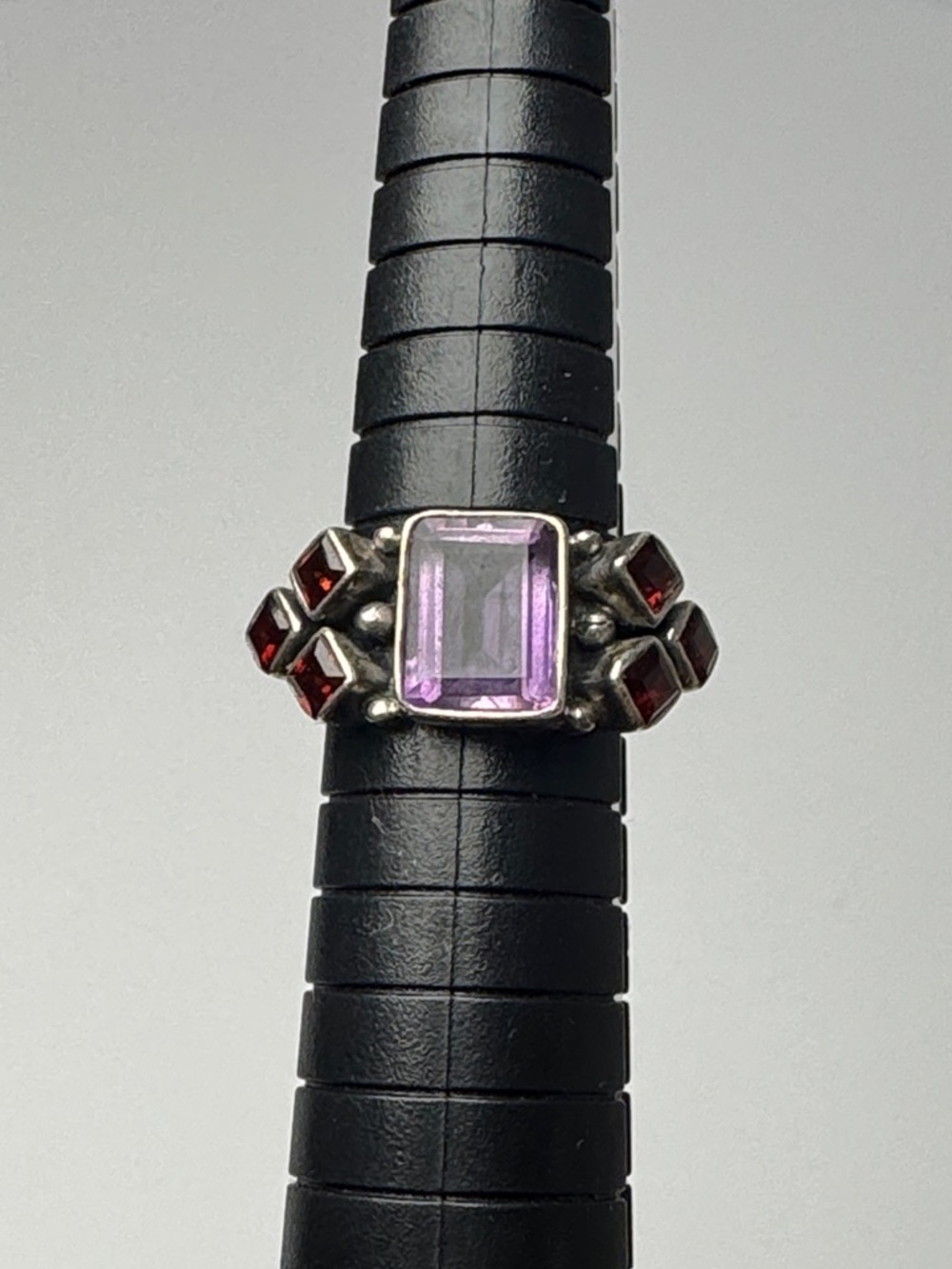 NICKY BUTLER Sliver Ring 925 Square Cut Amethyst Center Stone Garnet Accents VTG